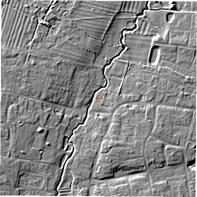 Shaded relief map of the ground around OX120AW, computed from Environment Agency LiDAR. The ground here sits at about 73 m above sea level and falls 8 m across the surrounding 800 m. Surface water reaching this point runs off ground lying to the south-west, 6.1 m higher.