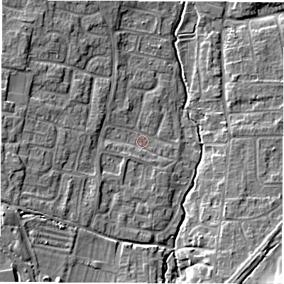 Shaded relief map of the ground around OX120BP, computed from Environment Agency LiDAR. The ground here sits at about 76 m above sea level and falls 10 m across the surrounding 800 m. Surface water reaching this point runs off ground lying to the west-south-west, 5.4 m higher.
