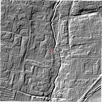 Shaded relief map of the ground around OX120BT, computed from Environment Agency LiDAR. The ground here sits at about 75 m above sea level and falls 8 m across the surrounding 800 m. Surface water reaching this point runs off ground lying to the west-south-west, 5.2 m higher.