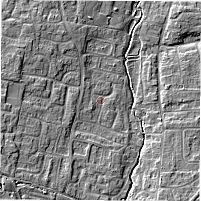 Shaded relief map of the ground around OX120BX, computed from Environment Agency LiDAR. The ground here sits at about 76 m above sea level and falls 10 m across the surrounding 800 m. Surface water reaching this point runs off ground lying to the south-west, 1.9 m higher.