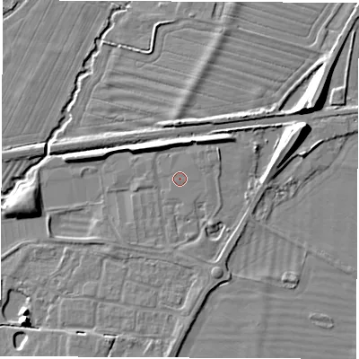Shaded relief map of the ground around OX120DQ, computed from Environment Agency LiDAR. The ground here sits at about 71 m above sea level and falls 10 m across the surrounding 800 m. The ground contributing surface water to this point lies to the west-south-west.