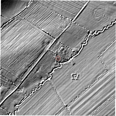 Shaded relief map of the ground around OX120ED, computed from Environment Agency LiDAR. The ground here sits at about 74 m above sea level and falls 9 m across the surrounding 800 m. Surface water reaching this point runs off ground lying to the north-north-west, 1.2 m higher.