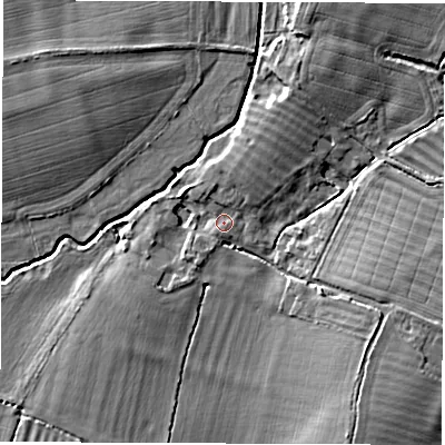 Shaded relief map of the ground around OX120EG, computed from Environment Agency LiDAR. The ground here sits at about 63 m above sea level and falls 7 m across the surrounding 800 m. Surface water reaching this point runs off ground lying to the south-west, 3.4 m higher.