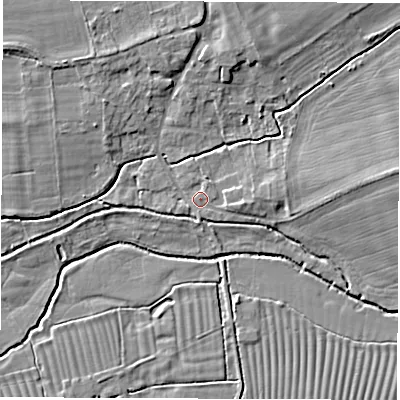 Shaded relief map of the ground around OX120EN, computed from Environment Agency LiDAR. The ground here sits at about 64 m above sea level and falls 7 m across the surrounding 800 m. Surface water reaching this point runs off ground lying to the east-south-east, 1.3 m higher.