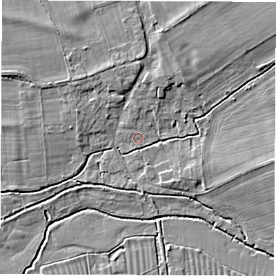 Shaded relief map of the ground around OX120EP, computed from Environment Agency LiDAR. The ground here sits at about 64 m above sea level and falls 7 m across the surrounding 800 m. Surface water reaching this point runs off ground lying to the north-north-east, 2.8 m higher.