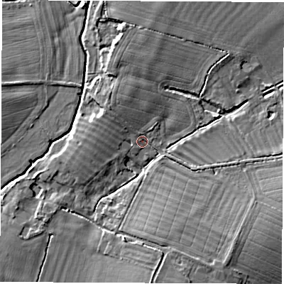 Shaded relief map of the ground around OX120EQ, computed from Environment Agency LiDAR. The ground here sits at about 62 m above sea level and falls 7 m across the surrounding 800 m. Surface water reaching this point runs off ground lying to the south-south-east, 6.9 m higher.