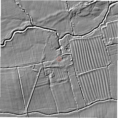 Shaded relief map of the ground around OX120EY, computed from Environment Agency LiDAR. The ground here sits at about 64 m above sea level and falls 4 m across the surrounding 800 m. Surface water reaching this point runs off ground lying to the east, 1.9 m higher.