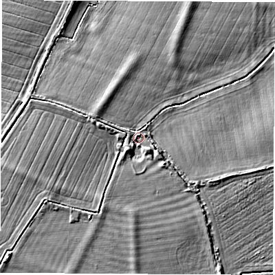 Shaded relief map of the ground around OX120FE, computed from Environment Agency LiDAR. The ground here sits at about 66 m above sea level and falls 8 m across the surrounding 800 m. Surface water reaching this point runs off ground lying to the south-west, 4.2 m higher.
