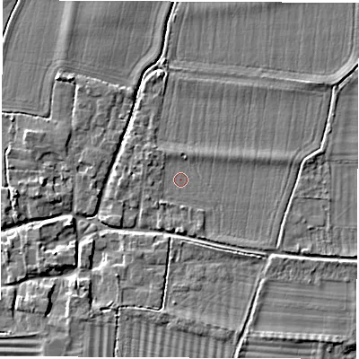 Shaded relief map of the ground around OX120GY, computed from Environment Agency LiDAR. The ground here sits at about 63 m above sea level and falls 5 m across the surrounding 800 m. Surface water reaching this point runs off ground lying to the south, 1.7 m higher.