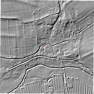 Shaded relief map of the ground around OX120HA, computed from Environment Agency LiDAR. The ground here sits at about 64 m above sea level and falls 7 m across the surrounding 800 m. Surface water reaching this point runs off ground lying to the north-west, 1.5 m higher.