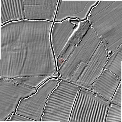 Shaded relief map of the ground around OX120HB, computed from Environment Agency LiDAR. The ground here sits at about 63 m above sea level and falls 4 m across the surrounding 800 m. Surface water reaching this point runs off ground lying to the south-west, 1.1 m higher.