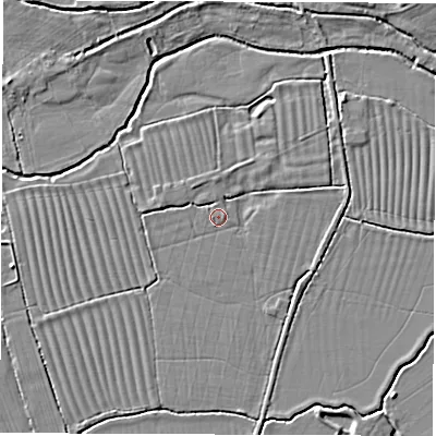 Shaded relief map of the ground around OX120HD, computed from Environment Agency LiDAR. The ground here sits at about 64 m above sea level and falls 4 m across the surrounding 800 m. Surface water reaching this point runs off ground lying to the north-west, 1.4 m higher.