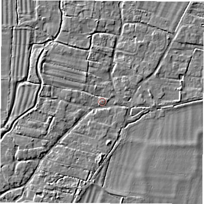 Shaded relief map of the ground around OX120HG, computed from Environment Agency LiDAR. The ground here sits at about 62 m above sea level and falls 5 m across the surrounding 800 m. Surface water reaching this point runs off ground lying to the south, 3.6 m higher.
