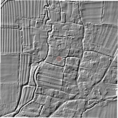 Shaded relief map of the ground around OX120HJ, computed from Environment Agency LiDAR. The ground here sits at about 61 m above sea level and falls 4 m across the surrounding 800 m. Surface water reaching this point runs off ground lying to the south-south-west, 0.8 m higher.