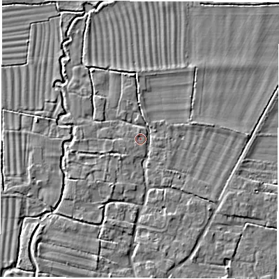 Shaded relief map of the ground around OX120HL, computed from Environment Agency LiDAR. The ground here sits at about 61 m above sea level and falls 5 m across the surrounding 800 m. Surface water reaching this point runs off ground lying to the south-west, 3.4 m higher.