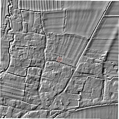 Shaded relief map of the ground around OX120HN, computed from Environment Agency LiDAR. The ground here sits at about 61 m above sea level and falls 5 m across the surrounding 800 m. Surface water reaching this point runs off ground lying to the south-south-west, 1.3 m higher.