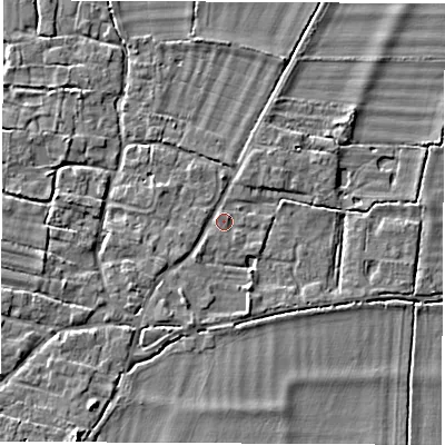 Shaded relief map of the ground around OX120HP, computed from Environment Agency LiDAR. The ground here sits at about 61 m above sea level and falls 6 m across the surrounding 800 m. Surface water reaching this point runs off ground lying to the south-west, 2.4 m higher.