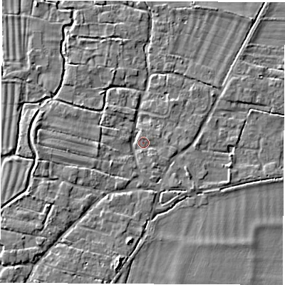 Shaded relief map of the ground around OX120HQ, computed from Environment Agency LiDAR. The ground here sits at about 61 m above sea level and falls 6 m across the surrounding 800 m. Surface water reaching this point runs off ground lying to the west, 2.9 m higher.
