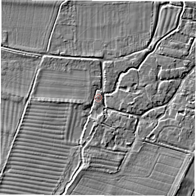 Shaded relief map of the ground around OX120JJ, computed from Environment Agency LiDAR. The ground here sits at about 64 m above sea level and falls 6 m across the surrounding 800 m. Surface water reaching this point runs off ground lying to the south-south-west, 4.3 m higher.
