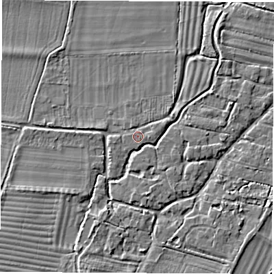 Shaded relief map of the ground around OX120JL, computed from Environment Agency LiDAR. The ground here sits at about 64 m above sea level and falls 6 m across the surrounding 800 m. Surface water reaching this point runs off ground lying to the west-south-west, 1.3 m higher.