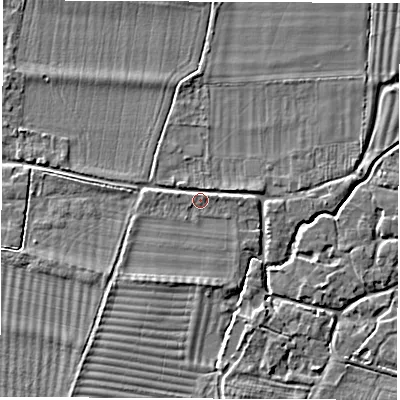 Shaded relief map of the ground around OX120JN, computed from Environment Agency LiDAR. The ground here sits at about 64 m above sea level and falls 5 m across the surrounding 800 m. Surface water reaching this point runs off ground lying to the south, 3.8 m higher.