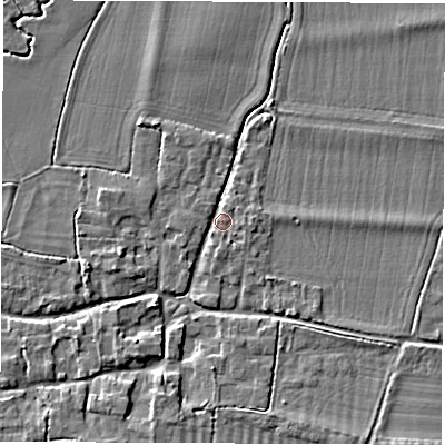 Shaded relief map of the ground around OX120LF, computed from Environment Agency LiDAR. The ground here sits at about 63 m above sea level and falls 5 m across the surrounding 800 m. Surface water reaching this point runs off ground lying to the south-south-east, 3.5 m higher.
