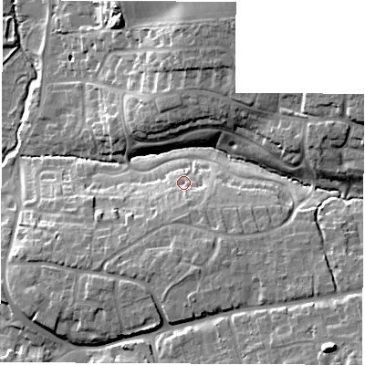 Shaded relief map of the ground around OX127DP, computed from Environment Agency LiDAR. The ground here sits at about 91 m above sea level and falls 25 m across the surrounding 800 m. Surface water reaching this point runs off ground lying to the south-south-east, 5.8 m higher.