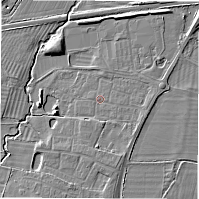 Shaded relief map of the ground around OX127FN, computed from Environment Agency LiDAR. The ground here sits at about 72 m above sea level and falls 8 m across the surrounding 800 m. Surface water reaching this point runs off ground lying to the east-south-east, 0.8 m higher.