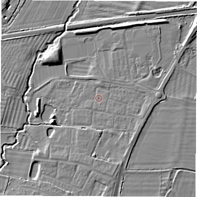 Shaded relief map of the ground around OX127FQ, computed from Environment Agency LiDAR. The ground here sits at about 72 m above sea level and falls 8 m across the surrounding 800 m. Surface water reaching this point runs off ground lying to the south-south-east, 0.9 m higher.