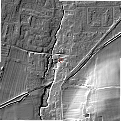 Shaded relief map of the ground around OX127HU, computed from Environment Agency LiDAR. The ground here sits at about 78 m above sea level and falls 28 m across the surrounding 800 m. Surface water reaching this point runs off ground lying to the south-east, 3.7 m higher.