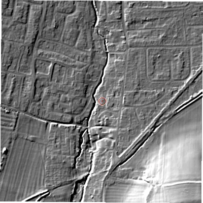 Shaded relief map of the ground around OX127HY, computed from Environment Agency LiDAR. The ground here sits at about 77 m above sea level and falls 26 m across the surrounding 800 m. Surface water reaching this point runs off ground lying to the south, 7.0 m higher.