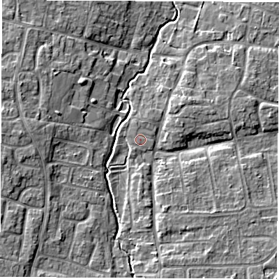 Shaded relief map of the ground around OX127JZ, computed from Environment Agency LiDAR. The ground here sits at about 74 m above sea level and falls 8 m across the surrounding 800 m. Surface water reaching this point runs off ground lying to the south-south-west, 0.6 m higher.