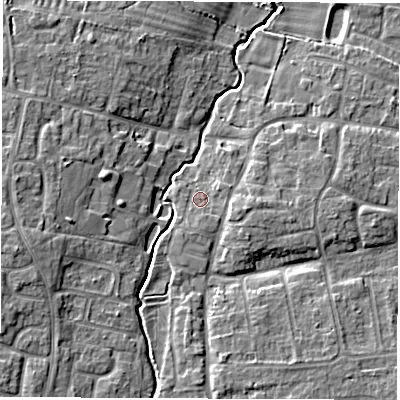 Shaded relief map of the ground around OX127LD, computed from Environment Agency LiDAR. The ground here sits at about 74 m above sea level and falls 8 m across the surrounding 800 m. Surface water reaching this point runs off ground lying to the south, 1.1 m higher.