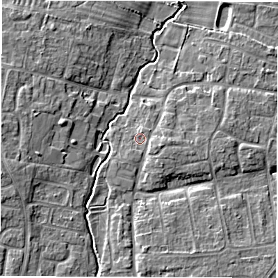 Shaded relief map of the ground around OX127LF, computed from Environment Agency LiDAR. The ground here sits at about 74 m above sea level and falls 8 m across the surrounding 800 m. Surface water reaching this point runs off ground lying to the south-south-west, 1.1 m higher.
