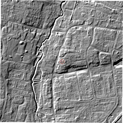 Shaded relief map of the ground around OX127LH, computed from Environment Agency LiDAR. The ground here sits at about 75 m above sea level and falls 7 m across the surrounding 800 m. Surface water reaching this point runs off ground lying to the north-north-east, 0.9 m higher.
