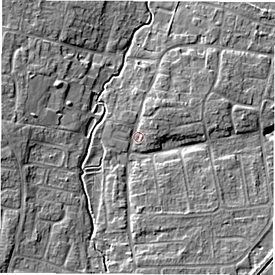 Shaded relief map of the ground around OX127LJ, computed from Environment Agency LiDAR. The ground here sits at about 74 m above sea level and falls 7 m across the surrounding 800 m. Surface water reaching this point runs off ground lying to the north-north-east, 2.3 m higher.