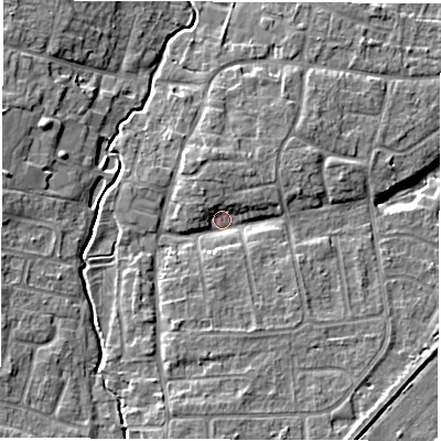 Shaded relief map of the ground around OX127LU, computed from Environment Agency LiDAR. The ground here sits at about 73 m above sea level and falls 6 m across the surrounding 800 m. Surface water reaching this point runs off ground lying to the south-south-west, 4.3 m higher.