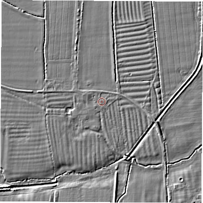 Shaded relief map of the ground around OX127QG, computed from Environment Agency LiDAR. The ground here sits at about 68 m above sea level and falls 5 m across the surrounding 800 m. Surface water reaching this point runs off ground lying to the west-north-west, 1.0 m higher.