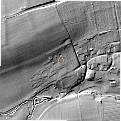 Shaded relief map of the ground around OX128PN, computed from Environment Agency LiDAR. The ground here sits at about 97 m above sea level and falls 28 m across the surrounding 800 m. Surface water reaching this point runs off ground lying to the north-west, 16.8 m higher.