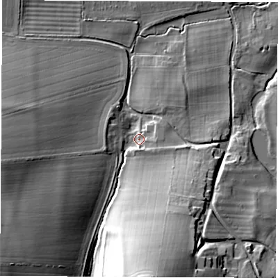 Shaded relief map of the ground around OX128QF, computed from Environment Agency LiDAR. The ground here sits at about 97 m above sea level and falls 34 m across the surrounding 800 m. Surface water reaching this point runs off ground lying to the south, 30.2 m higher.