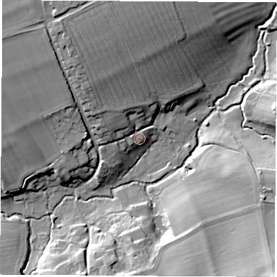 Shaded relief map of the ground around OX128RJ, computed from Environment Agency LiDAR. The ground here sits at about 82 m above sea level and falls 23 m across the surrounding 800 m. Surface water reaching this point runs off ground lying to the north-west, 8.7 m higher.