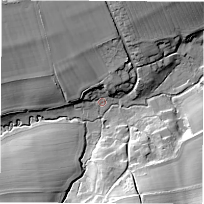Shaded relief map of the ground around OX128RN, computed from Environment Agency LiDAR. The ground here sits at about 80 m above sea level and falls 25 m across the surrounding 800 m. Surface water reaching this point runs off ground lying to the north-north-west, 16.0 m higher.