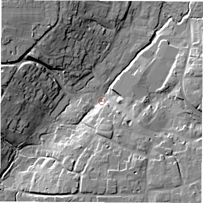 Shaded relief map of the ground around OX129AB, computed from Environment Agency LiDAR. The ground here sits at about 83 m above sea level and falls 21 m across the surrounding 800 m. Surface water reaching this point runs off ground lying to the south-south-west, 13.8 m higher.