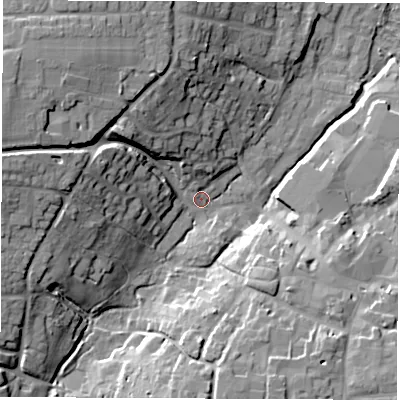 Shaded relief map of the ground around OX129AN, computed from Environment Agency LiDAR. The ground here sits at about 84 m above sea level and falls 23 m across the surrounding 800 m. Surface water reaching this point runs off ground lying to the west-north-west, 19.0 m higher.