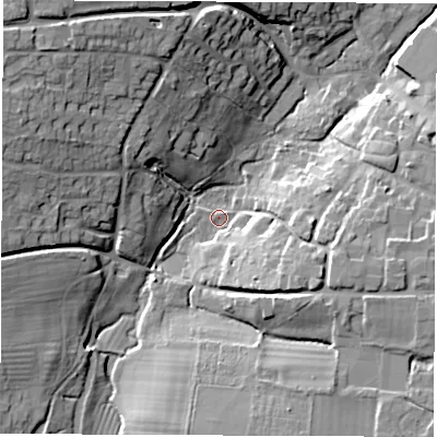 Shaded relief map of the ground around OX129EH, computed from Environment Agency LiDAR. The ground here sits at about 85 m above sea level and falls 23 m across the surrounding 800 m. Surface water reaching this point runs off ground lying to the east-south-east, 11.8 m higher.