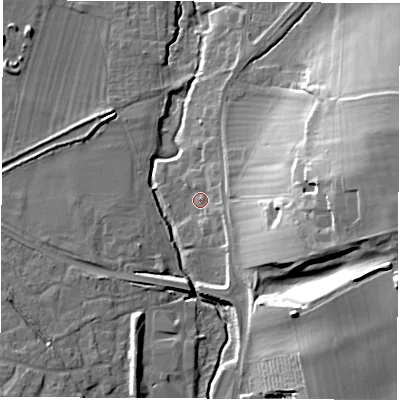 Shaded relief map of the ground around OX129FJ, computed from Environment Agency LiDAR. The ground here sits at about 82 m above sea level and falls 30 m across the surrounding 800 m. Surface water reaching this point runs off ground lying to the east-south-east, 18.7 m higher.