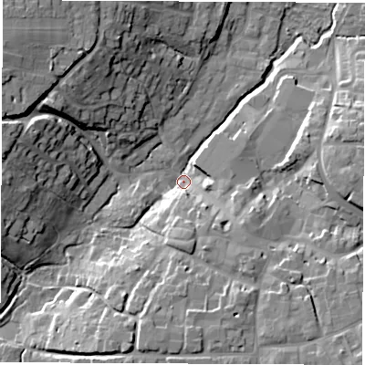 Shaded relief map of the ground around OX129FU, computed from Environment Agency LiDAR. The ground here sits at about 83 m above sea level and falls 21 m across the surrounding 800 m. Surface water reaching this point runs off ground lying to the north-west, 19.5 m higher.