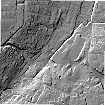 Shaded relief map of the ground around OX129GF, computed from Environment Agency LiDAR. The ground here sits at about 83 m above sea level and falls 21 m across the surrounding 800 m. Surface water reaching this point runs off ground lying to the west-north-west, 19.2 m higher.
