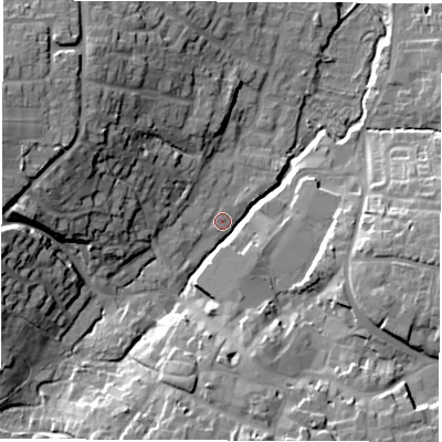 Shaded relief map of the ground around OX129GT, computed from Environment Agency LiDAR. The ground here sits at about 83 m above sea level and falls 20 m across the surrounding 800 m. Surface water reaching this point runs off ground lying to the west-north-west, 17.2 m higher.