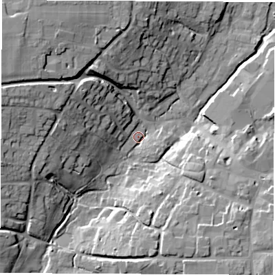 Shaded relief map of the ground around OX129GZ, computed from Environment Agency LiDAR. The ground here sits at about 84 m above sea level and falls 23 m across the surrounding 800 m. Surface water reaching this point runs off ground lying to the west-north-west, 19.8 m higher.